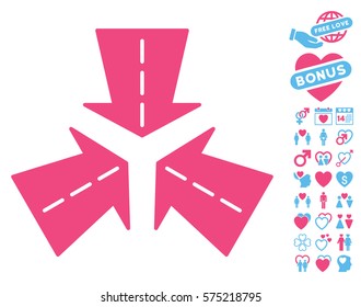 Merge Directions pictograph with bonus dating clip art. Vector illustration style is flat rounded iconic pink and blue symbols on white background.