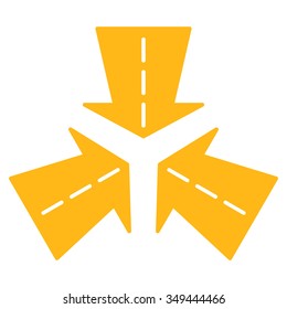 Merge Directions vector icon. Style is flat symbol, yellow color, rounded angles, white background.
