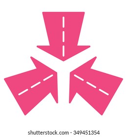 Merge Directions vector icon. Style is flat symbol, pink color, rounded angles, white background.