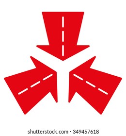 Merge Directions vector icon. Style is flat symbol, intensive red color, rounded angles, white background.