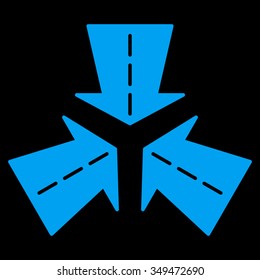 Merge Directions vector icon. Style is flat symbol, blue color, rounded angles, black background.