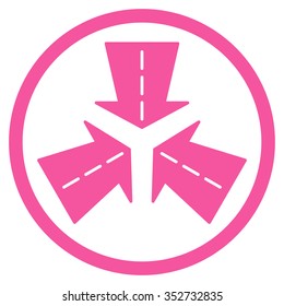 Merge Directions vector icon. Style is flat circled symbol, pink color, rounded angles, white background.