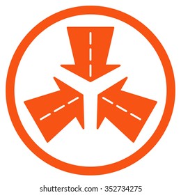 Merge Directions vector icon. Style is flat circled symbol, orange color, rounded angles, white background.