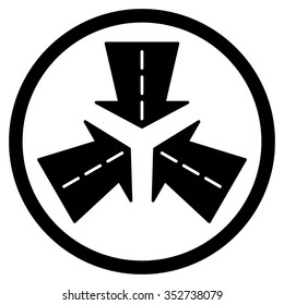 Merge Directions vector icon. Style is flat circled symbol, black color, rounded angles, white background.