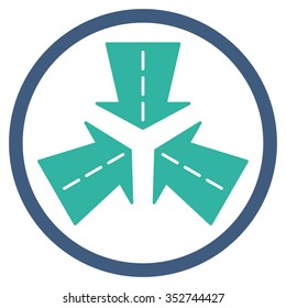 Merge Directions vector icon. Style is bicolor flat circled symbol, cobalt and cyan colors, rounded angles, white background.