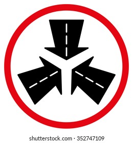 Merge Directions vector icon. Style is bicolor flat circled symbol, intensive red and black colors, rounded angles, white background.