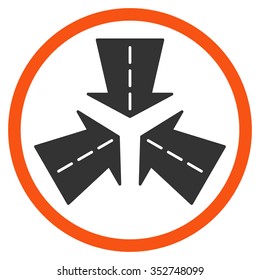 Merge Directions vector icon. Style is bicolor flat circled symbol, orange and gray colors, rounded angles, white background.