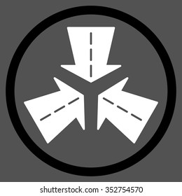 Merge Directions vector icon. Style is bicolor flat circled symbol, black and white colors, rounded angles, gray background.