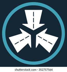 Merge Directions vector icon. Style is bicolor flat circled symbol, blue and white colors, rounded angles, dark blue background.