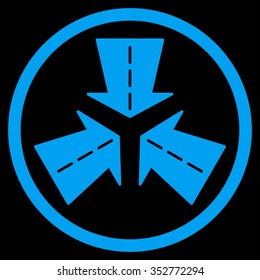Merge Directions vector icon. Style is flat circled symbol, blue color, rounded angles, black background.