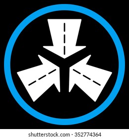 Merge Directions vector icon. Style is bicolor flat circled symbol, blue and white colors, rounded angles, black background.