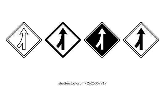 Merge Lanes Road Sign Icon Black and White Vector Graphic Illustrations