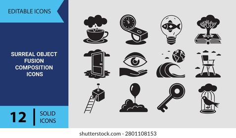 Merge reality and imagination using this creative solid icon set displaying surreal object fusion compositions for modern conceptual art and unique design projects.