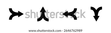 Merged directional arrows in black silhouette for navigation, choice, decision-making, and road merging concepts.