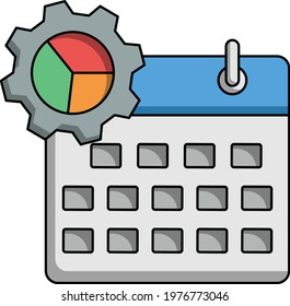 Merger and Acquisition Advance Planning Vector Color Icon Design, M and A Symbol, Calendar and Cogwheel Sign, Corporate finance graphic, Calendar, gear inside pie chart stock illustration