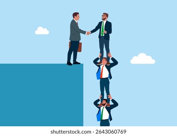 Fusão e aquisição com empresários apertando as mãos, sucesso. Empresários segurando uns aos outros em seus ombros. Ilustração de vetor plano