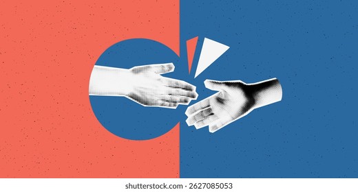 Conceito de fusão e aquisição. Banner de colagem com mãos de meio-tom alcançando um ao outro no fundo do quebra-cabeça. Aperto de mão, parceria, cooperação, sucesso. Ilustração vetorial retrô moderna
