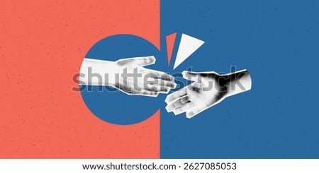 Merger and acquisition concept. Collage banner with halftone hands reaching out to each other on puzzle background. Handshake, partnership, cooperation, success deal. Modern retro vector illustration