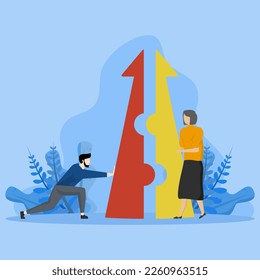 Merger and Acquisition, growth or cooperation solution, support or progress challenge concept, partnership or cooperation, success puzzle, businessman pushing jigsaw arrows to join to success.