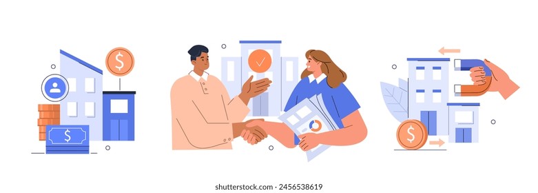 Merger and acquisition set. Stakeholders deal, agreement, offer, company selling and expansion finance concept. Business people making handshake. Vector illustration 