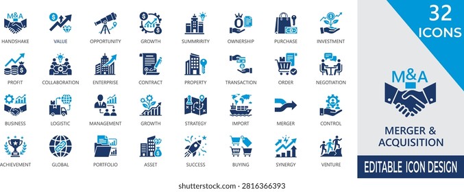 Merger and acquisition solid icon set.  Contains investment, partnership, enterprise, contract, negotiation, equity, and financial growth.