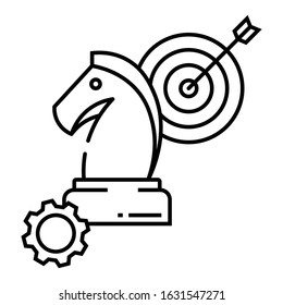 Merger and Acquisition Strategy Concept, Buying, selling of Business Game Plan On White Background, Dart Board Arrow, Knight and Cog Vector Icon Design