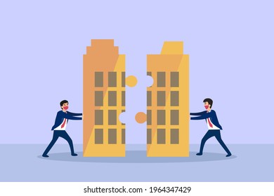 Merger And Acquisition Vector Concept. Businessmen Merging Their Office Buildings