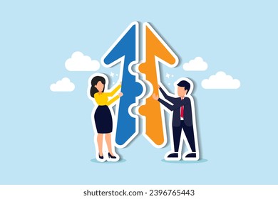Merger and Acquisitions, partnership or work together, success puzzle, growth solution or cooperation, support or progress challenge concept, business people push arrow jigsaw to join to success.