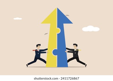 Merger and Acquisitions, partnership or work together, success puzzle, growth solution or cooperation, business people push arrow jigsaw to join to success.