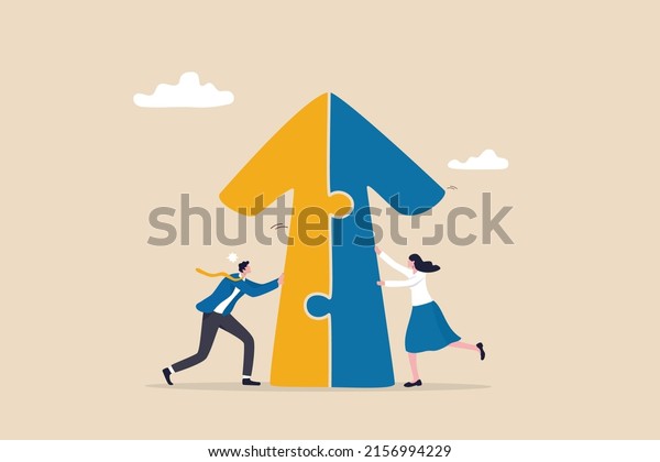 Merger and Acquisitions, partnership or work
together, success puzzle, growth solution or cooperation, support
or progress challenge concept, business people push arrow jigsaw to
join to success.