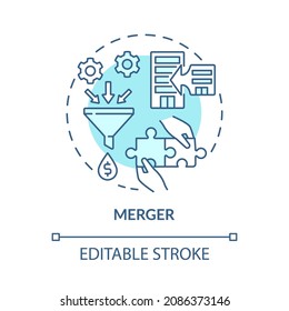 Merger Blue Concept Icon. External Expansion Abstract Idea Thin Line Illustration. Fusion Of Two Companies Into One. Business Alliance. Vector Isolated Outline Color Drawing. Editable Stroke