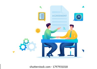 Merger of companies, businessmen sign an agreement. Flat 2D. vector illustration Web design