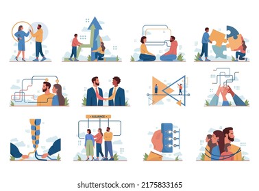 Merger concept set. Collaboration and teamwork. Characters cooperation and communication for additional development. Idea of successful alliance. Flat vector illustration