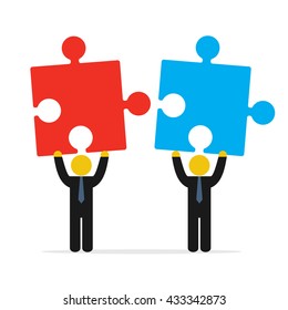 Concepto de fusión. Dos empresarios tratando de conectar rompecabezas rojo y azul. Ilustración vectorial aislada en fondo blanco.