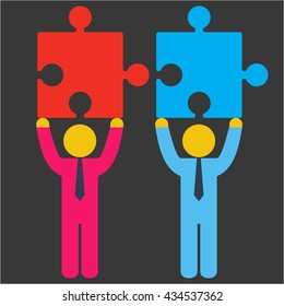 Merger concept. Two businessmen trying to connect red and blue puzzles. Vector illustration on black background.