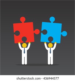 Merger concept. Two businessmen trying to connect red and blue puzzles. Vector illustration on black background.