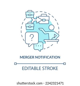 Icono de concepto turquesa de notificación de fusión. Gestionar a través de la ilustración de la delgada idea abstracta de adquisición. Dibujo de contorno aislado. Trazo editable. Fuentes Arial, Myriad Pro-Bold utilizadas