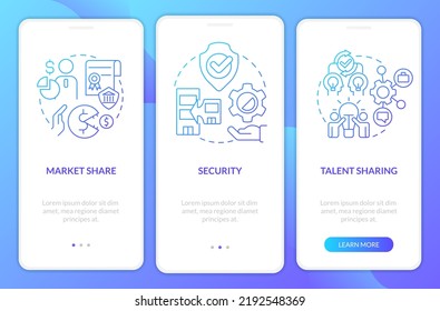 Merger objectives blue gradient onboarding mobile app screen. Business strategy walkthrough 3 steps graphic instructions with linear concepts. UI, UX, GUI template. Myriad Pro-Bold, Regular fonts used