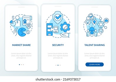 Merger objectives blue onboarding mobile app screen. Business strategy walkthrough 3 steps editable graphic instructions with linear concepts. UI, UX, GUI template. Myriad Pro-Bold, Regular fonts used