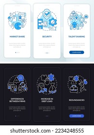 Merger objectives night and day mode onboarding mobile app screen. Walkthrough 3 steps editable graphic instructions with linear concepts. UI, UX, GUI template. Myriad Pro-Bold, Regular fonts used