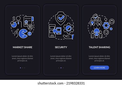 Merger objectives night mode onboarding mobile app screen. Business walkthrough 3 steps editable graphic instructions with linear concepts. UI, UX, GUI template. Myriad Pro-Bold, Regular fonts used