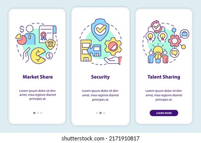 Merger objectives onboarding mobile app screen. Business strategy walkthrough 3 steps editable graphic instructions with linear concepts. UI, UX, GUI template. Myriad Pro-Bold, Regular fonts used