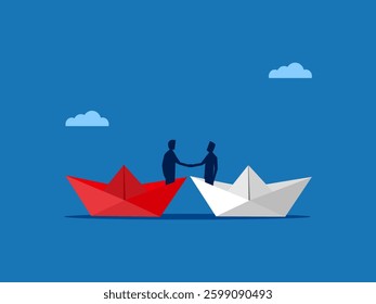 Merger, two businessmen join hands on different boat