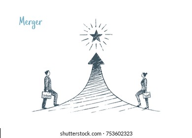 Merger. Vector business concept hand drawn sketch. A man and a woman walk towards each other in a big arrow.