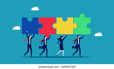 Mergers and Acquisitions. Businessmen work together to assemble a jigsaw puzzle