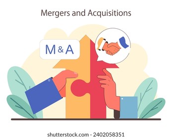 Concepto de fusiones y adquisiciones. Manos uniendo piezas de rompecabezas, representando la integración empresarial. Manejo de la asociación, empresas conjuntas. Ilustración vectorial plana.