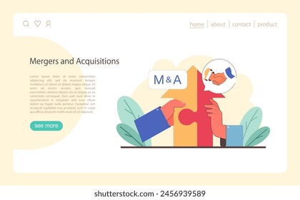 Fusiones y adquisiciones. Manos encajando piezas del rompecabezas, representando la integración empresarial. Apretón de manos de la asociación, empresas conjuntas. Ilustración vectorial plana.