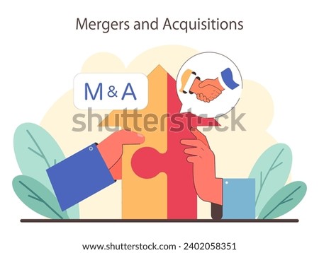 Mergers and Acquisitions concept. Hands fitting together puzzle pieces, depicting business integration. Partnership handshake, joint ventures. Flat vector illustration.