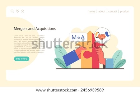 Mergers and Acquisitions concept. Hands fitting together puzzle pieces, depicting business integration. Partnership handshake, joint ventures. Flat vector illustration.