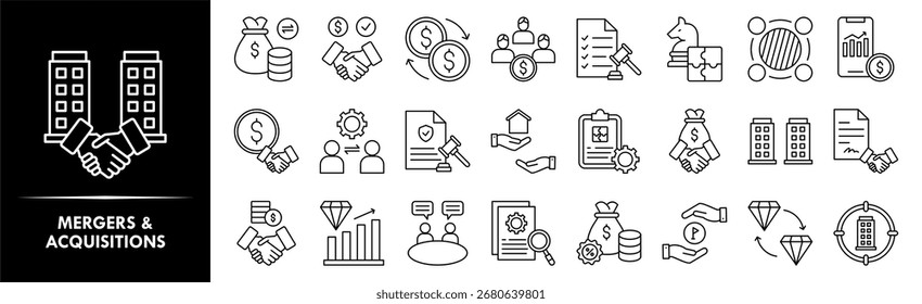 Mergers and Acquisitions icon collection set. Containing design business, success, deal, agreement, partnership